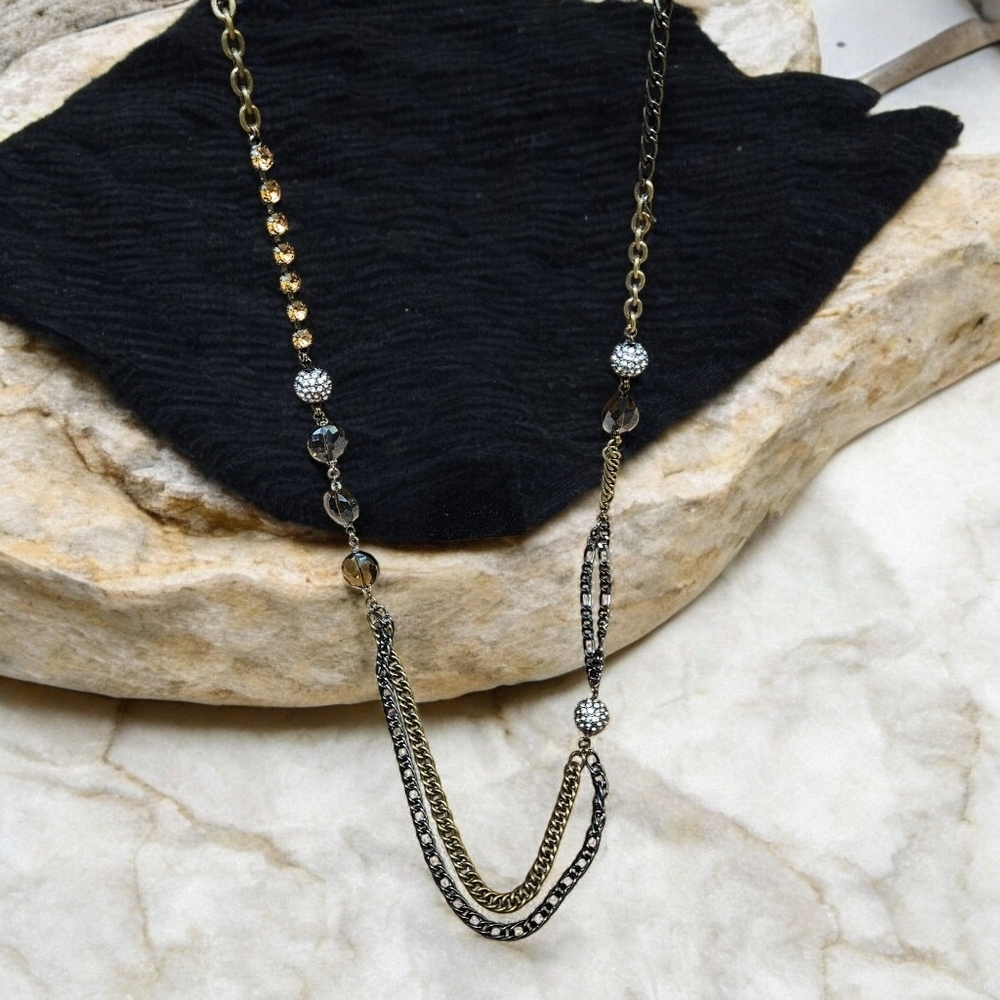 Saks Fifth Avenue Long‎ Layered Chain Necklace Rhinestone Beaded Smoky Quartz